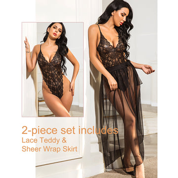 NAUGHTYWEAR SEDUCTIVE LACE TEDDY AND SHEER WRAP SKRIT EXCLUSIVE COLLECTION