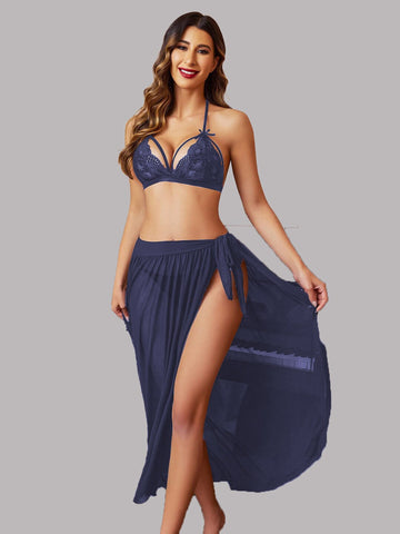 Naughtywear Midnight Elegance Lace Bralette & Sheer Slit Skirt Set Blue
