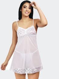 Naughtywear Sheer Lace Babydoll Lingerie Chemise Nightgown with Matching Thong -White