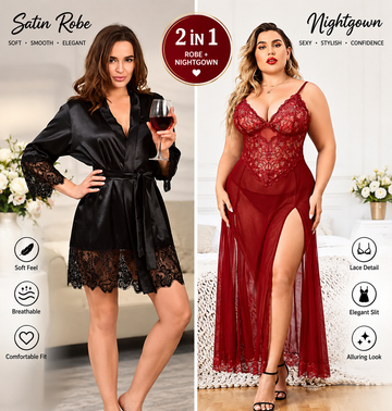 Women's Satin Kimono Robe & Lace Nightdress Combo Set