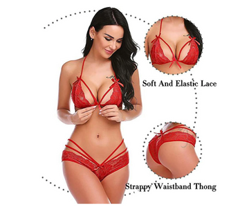 Naughty Wear Red Desire Strappy Lace Intimate Set – Soft Elastic Bralette & Thong