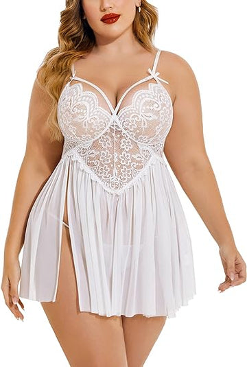 NaughtyWear Romantic Luxury White Sheer Lace Babydoll Dress