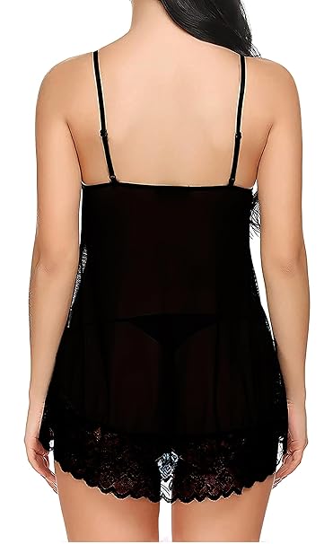 Naughtywear Sheer Lace Babydoll Lingerie Chemise Nightgown with Matching Thong -BLACK