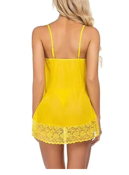 Naughtywear Sheer Lace Babydoll Lingerie Chemise Nightgown with Matching Thong -YELLOW