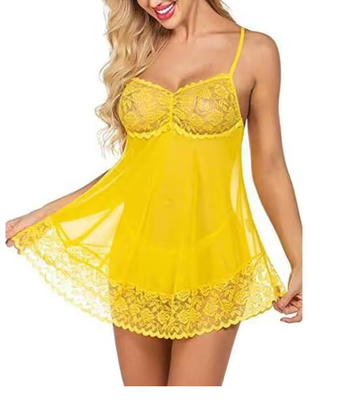 Naughtywear Sheer Lace Babydoll Lingerie Chemise Nightgown with Matching Thong -YELLOW