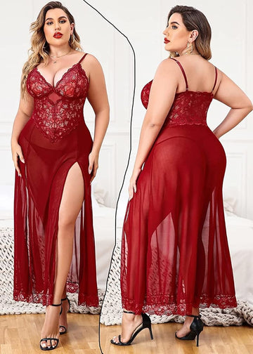 NaughtyWear Scarlet Seduction Lace Night Gown  Sheer Slit Babydoll Dress (Maroon)