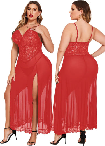 NaughtyWear Scarlet Seduction Lace Night Gown  Sheer Slit Babydoll Dress (Red)