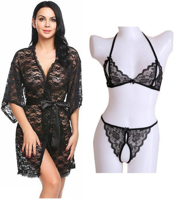 NAUGHTYWEAR SEDUCTIVE BABYDOLL ROBE SET NIGHTY BLACK