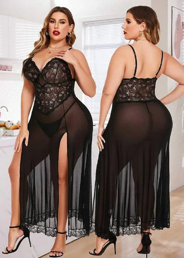 NaughtyWear Scarlet Seduction Lace Night Gown  Sheer Slit Babydoll Dress (Black)