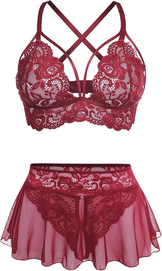 NaughtyWear SeduceMe Sheer Round Lace Co-Ord Lingerie Set Maroon